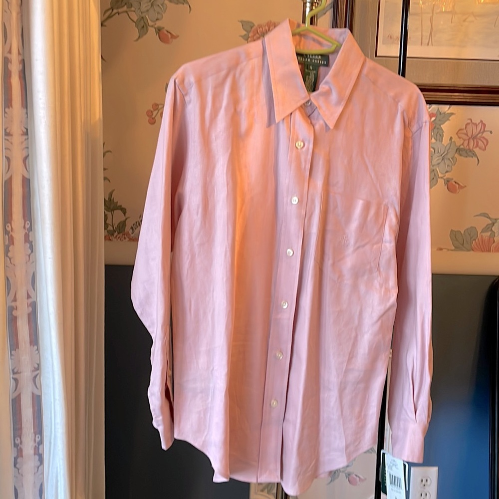 Lauren Ralph Lauren Linen blush pink logo pocket dress shirt buttons down NWT S